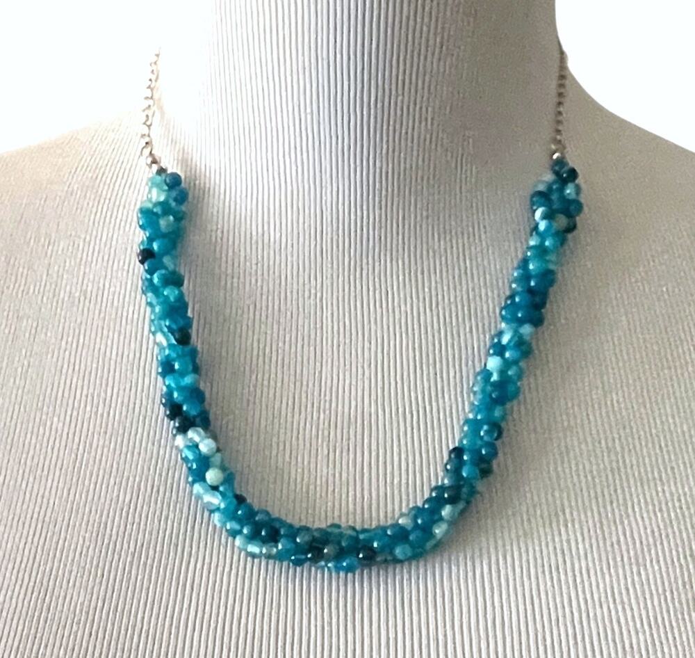 JTV New Round Blue Banded Agate Knitted Necklace Sterling Silver NIB